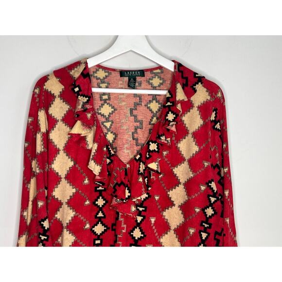 Lauren Ralph Lauren Aztec Print 3/4 Sleeve V-Neck Tunic Blouse Red Plus Size 3X - Picture 2 of 7